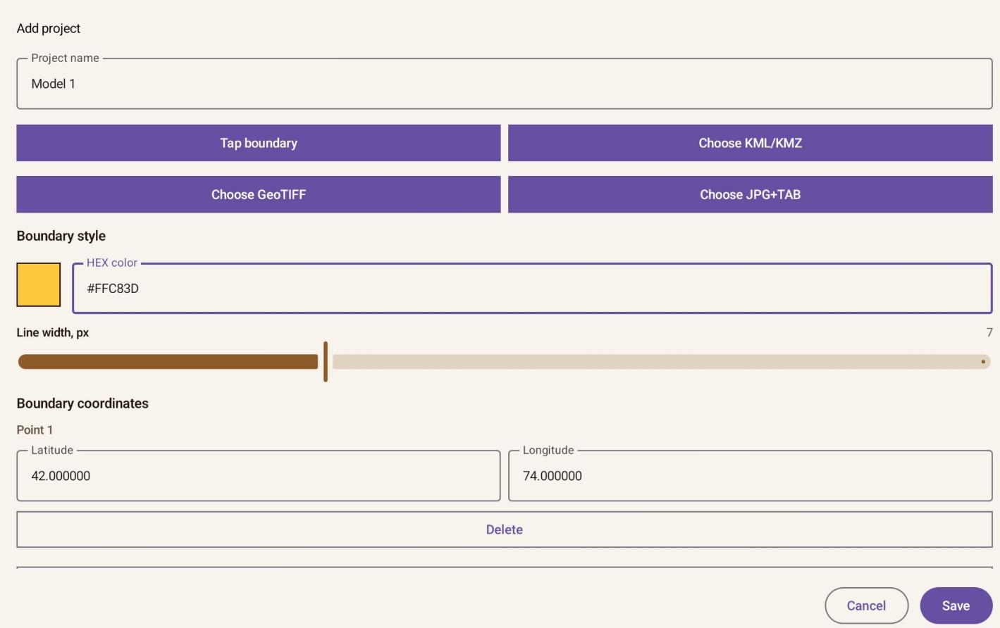 Project settings after boundary creation, with editable boundary coordinates.
