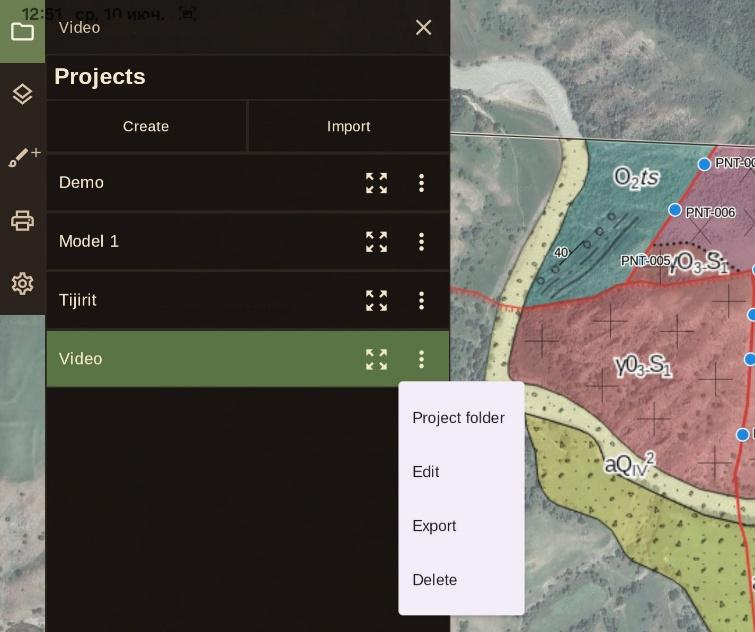 Project command menu with project folder, edit, export, import, and delete actions.