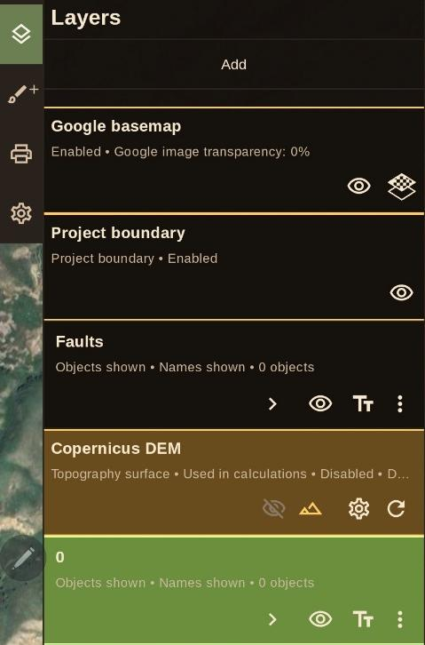 Layer list with default project layers and layer control buttons.