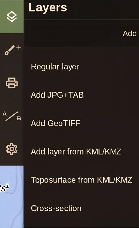 Add Layer menu with regular, raster, vector, topographic, and cross-section layer options.