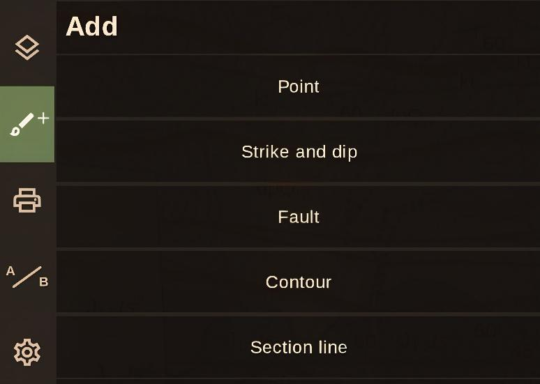 Add Object menu for points, strike/dip elements, faults, contours, and section lines.