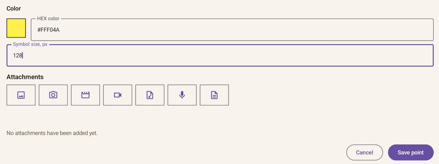 Lower part of the Add Point dialog with color, symbol size, and attachments.