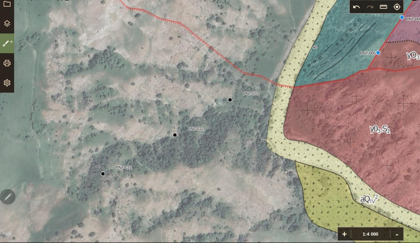 Virtual points placed on the map before constructing a fault.