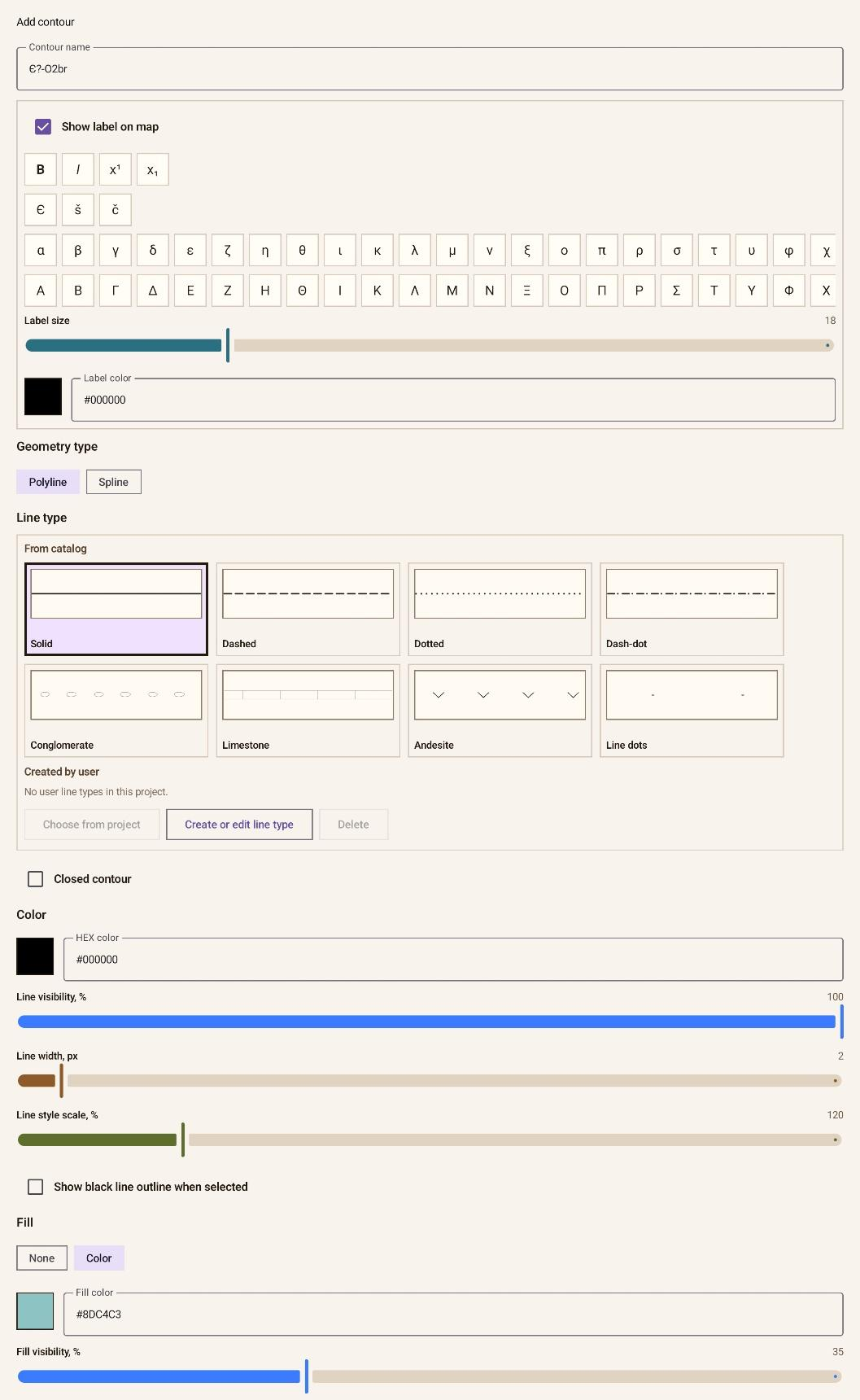 Contour properties dialog opened from the Add Object menu.